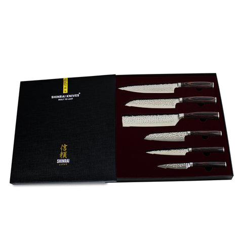 Hammered Stainless Steel Series 6-piece Knife Set + Acacia Wood