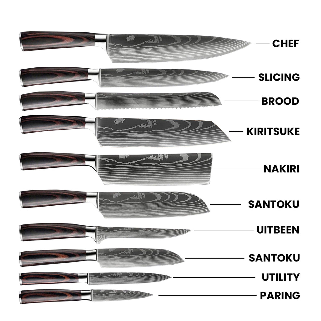 Quality Damascus Print Knives - 9 piece knife set