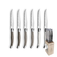 Lou Laguiole - 6-pc steak knives in wooden block- mixed colors (pepper/pearl/taupe) Steakmes Lou Laguiole 