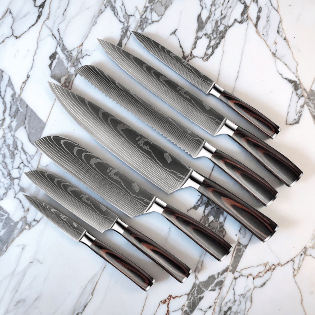 Quality Damascus Print Series 7-piece Knife Set + Acacia Wood Magnetic  Knife Holder - Style 1